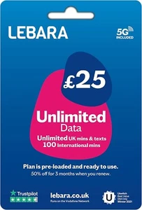 Carte SIM Lebara UK Pay As You Go préchargée 25 £ - données illimitées et minutes britanniques - Photo 1 sur 3