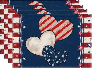 Heart Stripe Stars 4Th of July Placemats Set of 4 12X18 Inch Patriotic America M - Picture 1 of 12