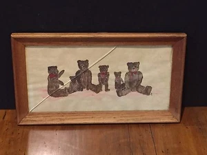 Vintage Framed Painting of 6 Teddy Bears with Red Bows - Picture 1 of 8