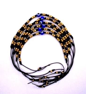6 Glück-Freundschaftsbänder Murano Türkisches Auge Nazar Perle Schwarz/Gold 3mm - Bild 1 von 2