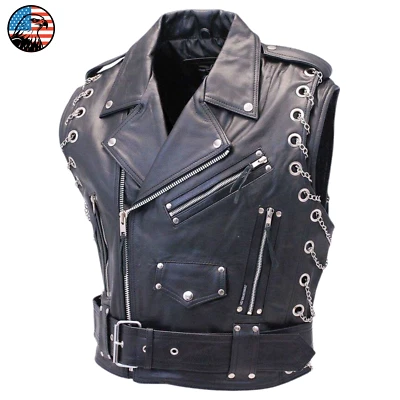 Men's Black Real Leather Cowhide Biker Vest Brando Metal Chains Motorcycle Gear - Image 1 of 4