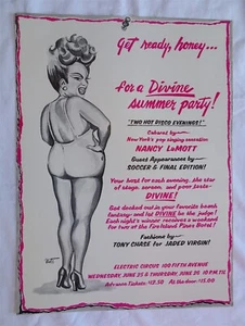 Poster festa estiva Divine & Nancy LaMott al circo elettrico, 1980, interesse gay - Foto 1 di 2