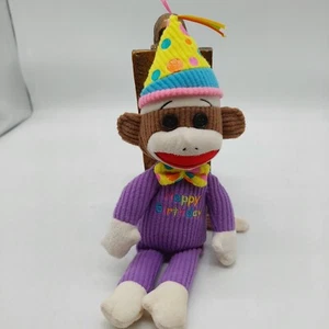 TY Happy Birthday Sock Monkey Plush Stuffed Animal 11” Purple Brown 2012 - Picture 1 of 8