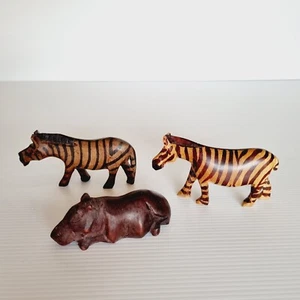 Vintage Hand Carved Wooden Zebra Boar Wood Animal Figures 8-9.5cm African Decor - Picture 1 of 17