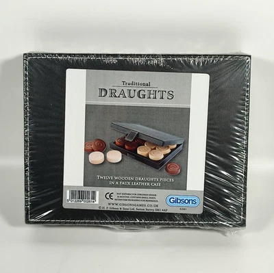 Gibsons Traditional Wooden Draughts Pieces in Faux Leather Case New - Image 1 of 3