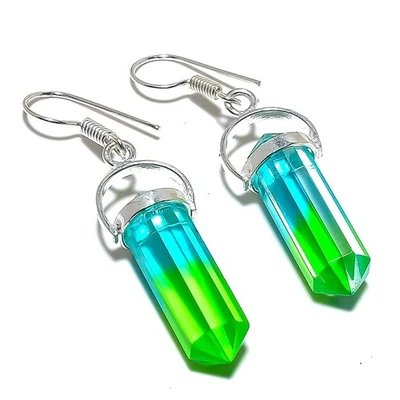 Punto de Navidad - Pendiente de plata de ley 925 con piedras preciosas de turmalina bicolor 1,9" g788 Foto 1 de 4