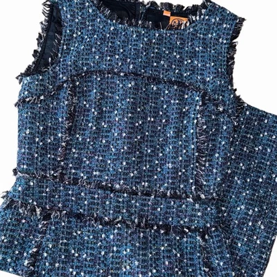 Tory Burch Petula Dress Size 6 Blue Tweed Sheath Sleeveless Fringe Wool Blend - Image 1 of 4