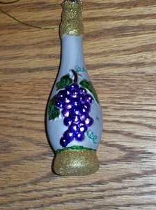 BOTTIGLIA VINO ORNAMENTO NATALE vetro soffiato oro glitter viola uva foglia verde - Foto 1 di 3