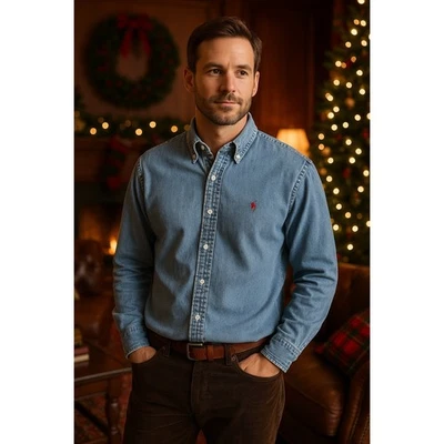 Camisa Ralph Lauren Para Hombres Blaire Denim Abotonada Rojo Pony Logo Talla M Foto 1 de 4