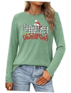 Christmas Shirts for Women: Merry Christmas Letter Print T Medium Hat-green - Picture 1 of 7