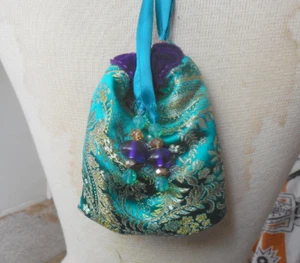 Reversible Royal Purple Velvet Teal Brocade Drawstring Bag Pouch Wristlet Purse - Picture 1 of 5