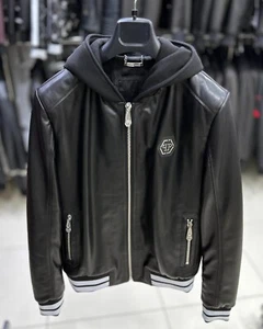 Philipp Plein Men's Black Hooded Lambskin Genuine Leather Bomber Jacket - Picture 1 of 7