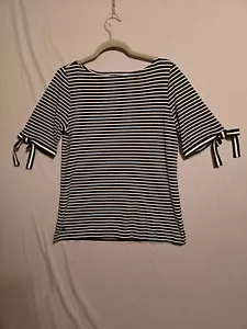 Lauren Ralph Lauren Boat Neck Top Bow Sleeves Womens XL Black White Stripe - Picture 1 of 10