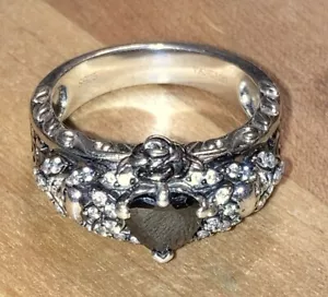 Skull Engagement Ring Sz #7.2 Black Heart Onyx Flower W/ Diamonds Fast Free Ship - Picture 1 of 12