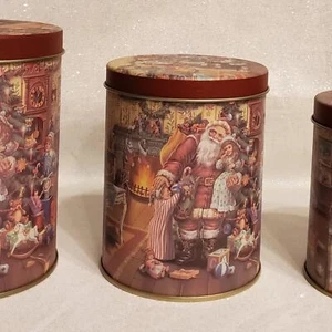 Set of 3 Vintage CHRISTMAS Round Santa Tin XMAS Canister Stackable - Picture 1 of 5