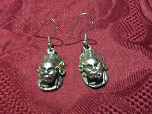 Pierced Silvertone Indian Mask Earring Pair Wires  - Picture 1 of 1
