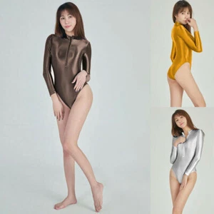 Women Satin Glossy One Piece Swimwear Long Sleeve Leotards Fitness Zipper Sports - Picture 1 of 20
