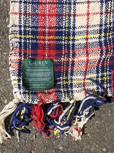 Ralph Lauren Classic Tartan Plaid Blanket Throw Fringe Red White Blue Super Soft - Picture 1 of 7