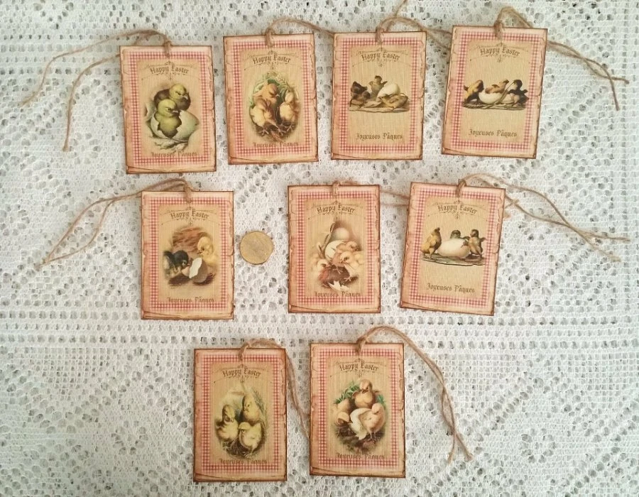 9~Easter~Primitive~Chicks~Farmhouse~Linen Cardstock~Gift~Hang~Tags~Ornies - Image 1 of 1