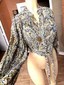 VTG Nicole Miller Paisley /Floral Tie Front Cropped Button Top/Bolero Sz XS b1 - Picture 1 of 13