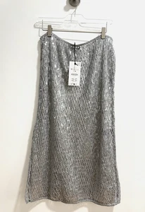 ZARA 2025 ZW COLLECTION SILVER SEQUIN MIDI SKIRT Size M Ref 4831/240/809 - Picture 1 of 12