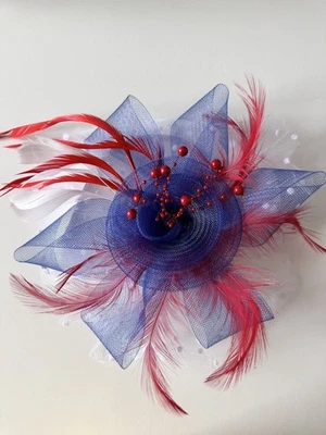 Red/White/Blue Feather Mesh Fascinator Hat Clip/Band Wedding Tea Cocktail Party - Image 1 of 4