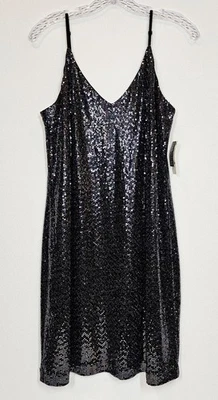 Женщин черный металлик V шеи спагетти ремень скольжения платье большой новый с Ярлыками Night Out клуб - Изображение 1 из 4