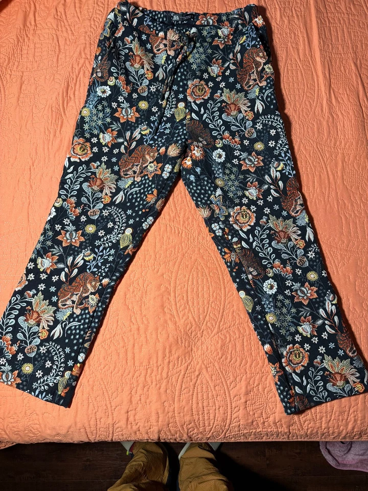 ZARA Unisex Floral Tiger Print Pants Elastic Waist Casual Long Trousers Size 31 - Image 1 of 4