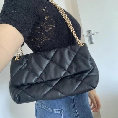 Black Padded Quilted Shoulder Cross Body Bag Faux Leather - Image 1 of 4