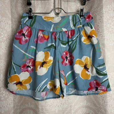Tea Floral Blue Girl's Cotton Linen Blend High Waisted Shorts Size 16 - Image 1 of 4