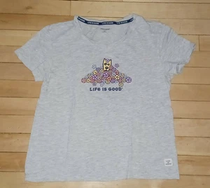 Women's Life Is Good Pajama T-Shirt Size Small EUC Dog In Flowers - Picture 1 of 7