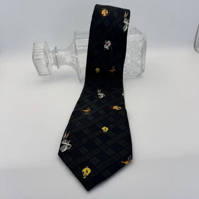VTG 1993 Looney Tunes Tie Blue Plaid Mania Tweety Taz Daffy Bugs Sylvester 90s - Image 1 of 4