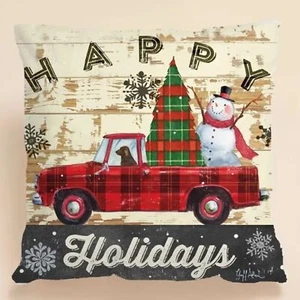 NEU HAPPY HOLIDAYS VINTAGE LKW HUND SCHNEEMANN LANDHAUS POLYESTER KISSENBEZUG 17,7" - Bild 1 von 6