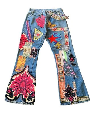 Vintage 1970s Levi’s Jeans Appliqués Hippie Pants Mens Sz 34/30 Custom Made OOAK - Image 1 of 4