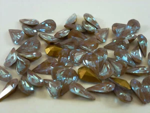 4 Rare Vintage Glass Rhinestones Pear Saphiret Gold TTC Foiled PB 10x6mm E6-3 - Picture 1 of 7