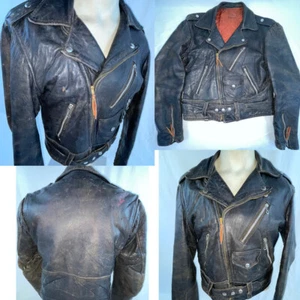 CHAQUETA DE MOTOCICLISTA DE CUERO NEGRA PEQUEÑA 38 AÑOS 50 60 DE COLECCIÓN - Imagen 1 de 21