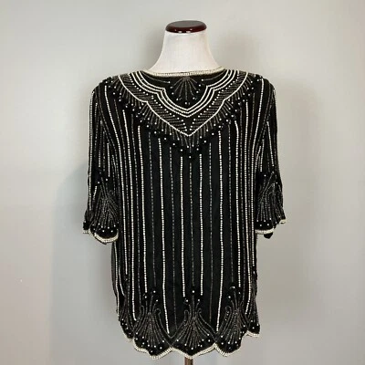 80s Beaded Silk Blouse Silk Black White Stripe Small Boxy Oversized Vintage Foto 1 de 4