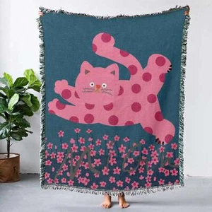 Pink Cat Blanket, Running Cat Blanket, Cartoon Animal Woven Blanket - Picture 1 of 1