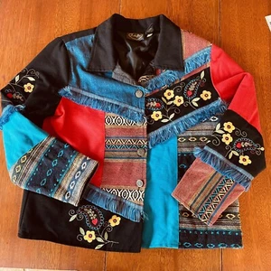Vtg Julia Kim Sz M Denim Jacket Embroidered Patchwork Boho Art Floral Stagecoach - Picture 1 of 18