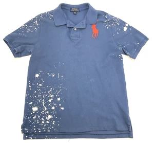 Polo Ralph Lauren Spattered Paint Large Horse Polo Shirt Youth L 14-16 Blue Pony - Picture 1 of 9