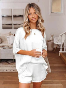 Women's satin pajamas home service short-sleeved shorts irregular two-piece set - Picture 1 of 18