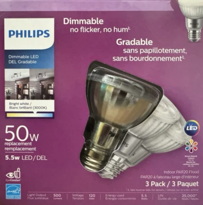 3 PHILIPS 50-Watt PAR20 Dimmable Daylight Bright LED Flood Lights w/Medium Base - Image 1 of 4