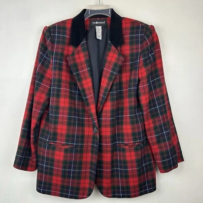 Plaid Blazer Sweater Women 14 Velvet Collar Red Black Check Tartan Notch - Image 1 of 4