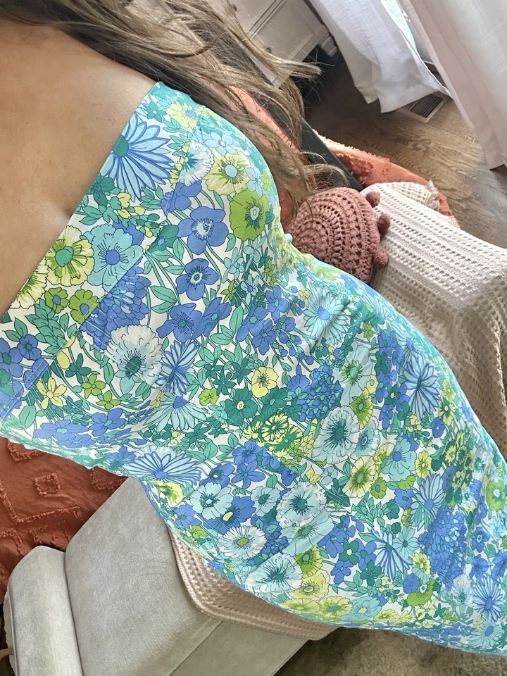 Vestido Lápiz Midi Y2k Años 90 Zinc Talla 13 Algodón Azul Verde Floral Sin Tirantes Foto 1 de 4