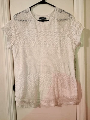 Blusa pulóver de encaje de manga corta marfil Chaps para dama 1X. Foto 1 de 3