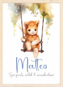 Poster Kinderzimmer Junge Deko Bild Babyzimmer Baby Alpaka Schaukel mit Name NEU - Bild 1 von 10