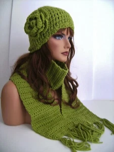 NEW CROCHET CELEDON GREEN FLOWER HAT AND SCARF SET HAND MADE BEANIE SKULL CAP  - Picture 1 of 6