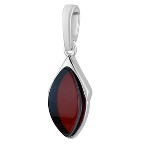925 Solid Pure Sterling Silver Dark Red Baltic Amber Designer Marquise Pendant - Picture 1 of 9
