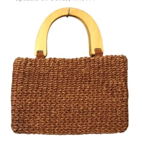 French Straw Braided Bamboo Handles Beach Tote Handbag - Picture 1 of 15