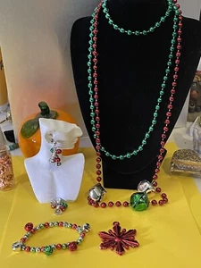 Vtg 5 Pcs Christmas Bells Multicolored Necklace Pendant ,Earrings & Bracelet - Picture 1 of 4